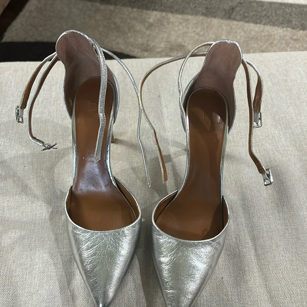 H by Halston “London” Silver Leather High Heel Ankle Strap Pump Sz 8 #12